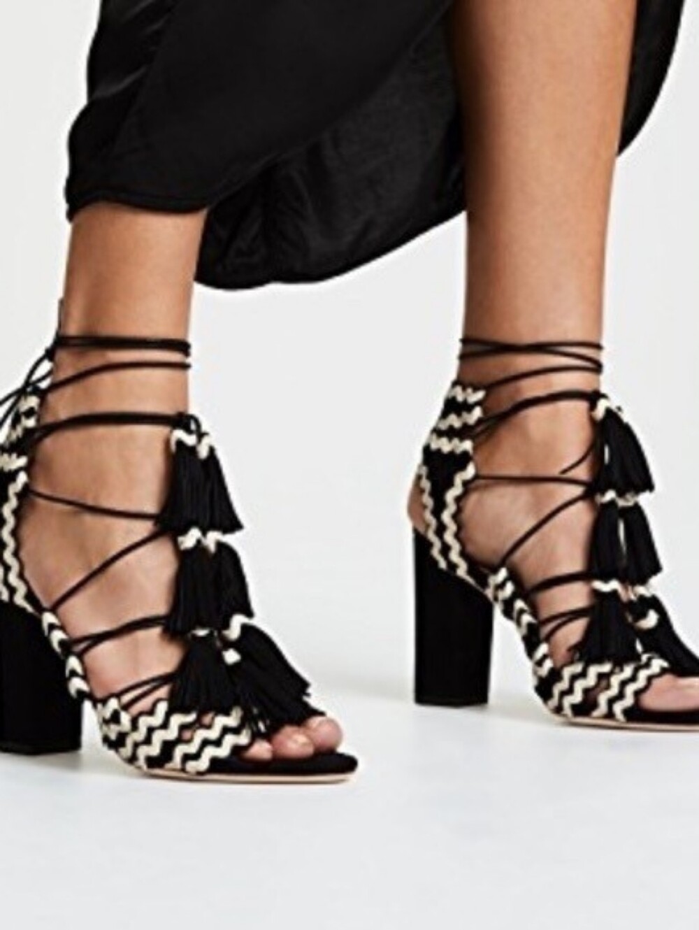 Loeffler Randall Black and Cream Tassel Lace-Up Block Heels 8